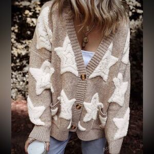 Star knit cardigan sweater pockets khaki beige NWT